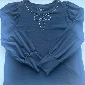 LOFT Black Cotton Top with Bow Detail
